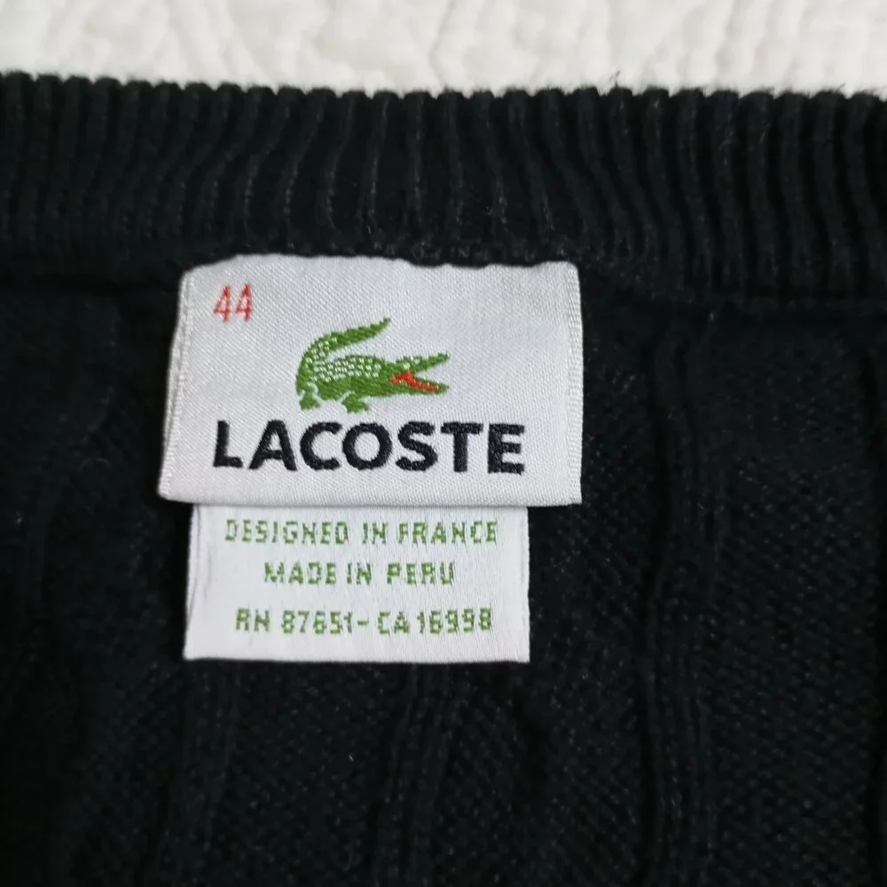 Lacoste Men's V Neck Cable Knit Black Sweater Size 44